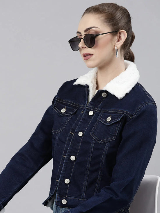 Women Navy Blue Solid Denim Jacket-LT-15903-Navyblue