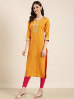 Women Mustard Printed Straight Kurta-AT-A830-K-Mustard