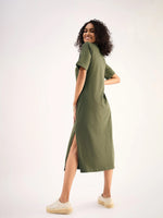 Women Olive Oversized Collar T-Shirt Dress