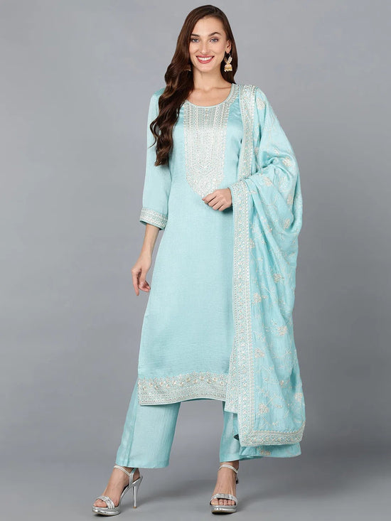 Ice Blue Silk Blend Embroidered Festive wear