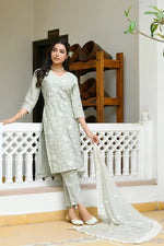 Vaasva Women Pista Linen Embroidered Solid Kurta Set With Solid Pants & Chiffon Embroidered Dupatta-142-Vaas-Pista