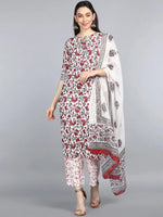 Ahika Women Off White Red Floral Printed Regular Kurta With Trousers Dupatta Set