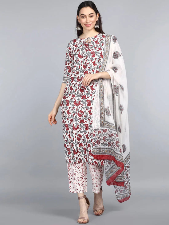 Ahika Women Off White Red Floral Printed Regular Kurta With Trousers Dupatta Set