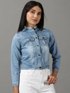 Women's Blue Solid Denim Jacket-AE-9507-Blue