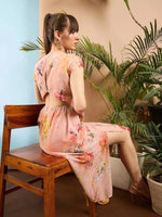 Women Peach Floral Back Cut Out Dress