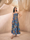 Women Blue Ikat Print Tube Maxi