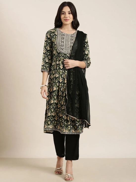 Women A-Line Green Ethnic Motifs Kurta and Trousers Set Comes With Dupatta-RJF-053-Green