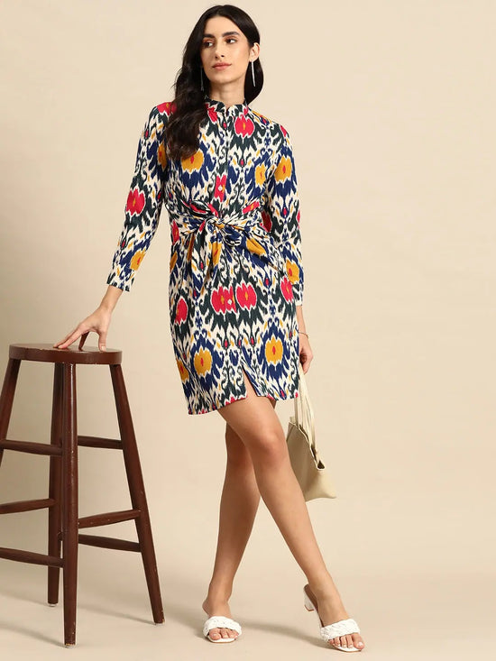 Front tie up shirt dress in Blue and Pink Ikkat Print