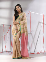 Beige Cotton Saree With Stripes Design & Dual Border-MA55CT06540034