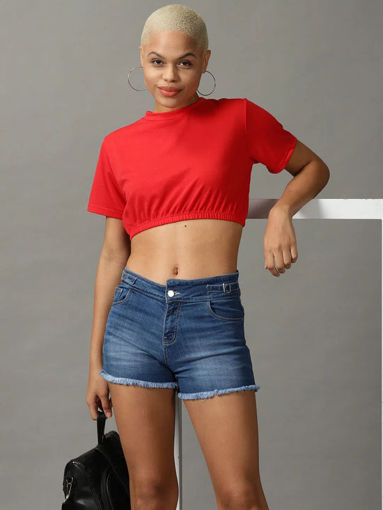 Women's Red Solid Cinched Waist Crop Top-AE-10504-Red