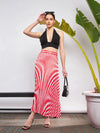 Women Red & White Satin Striped Accordion Pleated Maxi Skirt