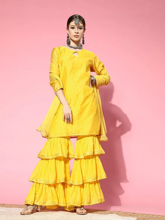 Ahika Women Yellow Woven Design Kurta Sharara With Dupatta