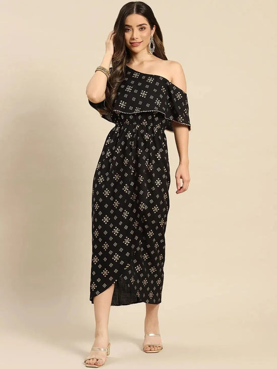 One Shoulder yoke overlap printed dress in Black