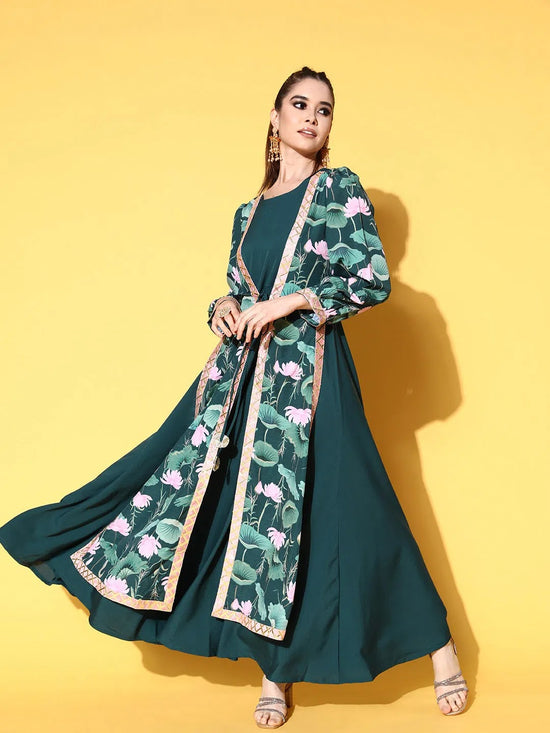 Ahalyaa Green Crepe Puff Sleeves Floral Printed Maxi Ethnic Dress With Waist Tie Ups