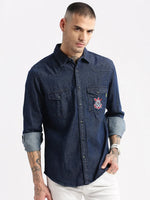 Men Spread Collar Denim Solid Navy Blue Casual Shirt-BARN-2217-Navyblue