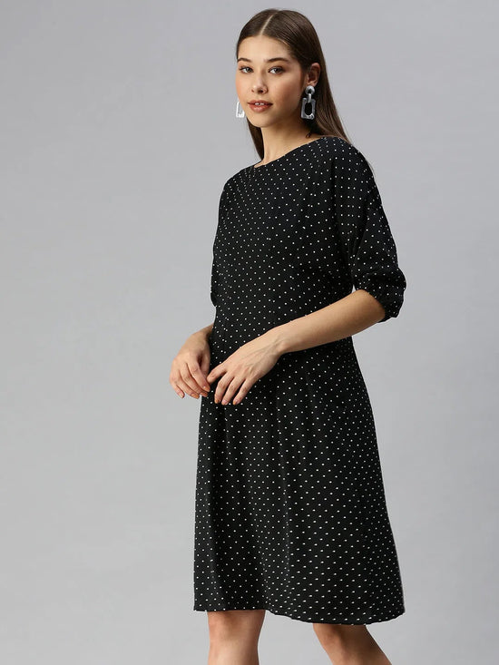 Women Black Printed A-Line Dress-AE-9894-Blackwhite