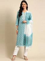 Women's Teal Printed Kurta Set-BCSK-1458-Teal