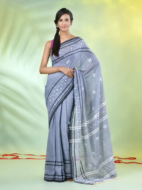 Grey Cotton Soft Saree With Texture Designs-MA62CT331210045