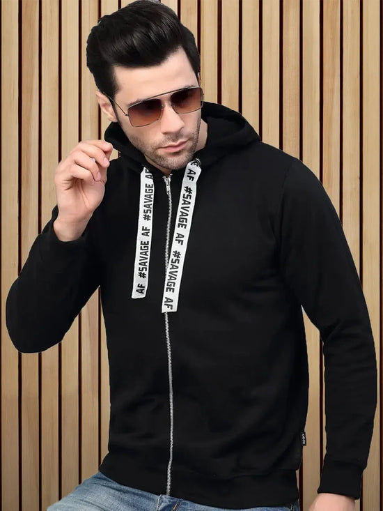 Rigo Black Fleece Hooded With Front Zip Open Sweatshirt-Full