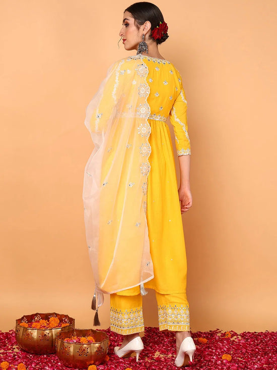 Ahika Women Yellow Silk Blend Embroidered Anarkali Kurta Pant Set With Dupatta-PKSKD2117_XS