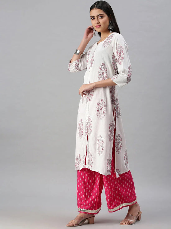 Women's White & Pink Printed Kurta Sets-SG04-White-Pink