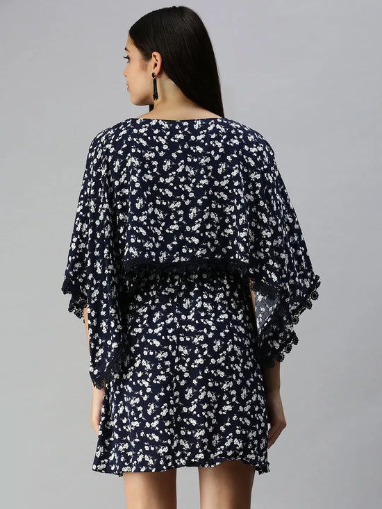 Women's Navy Blue Floral Empire Dress-AE-9915-Navybluewhite