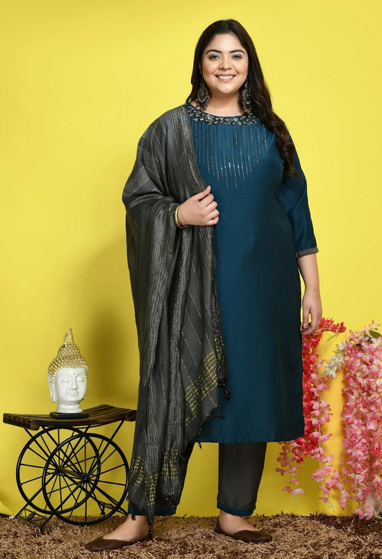 Plus Size Floral Embellished Teal Kurta Set