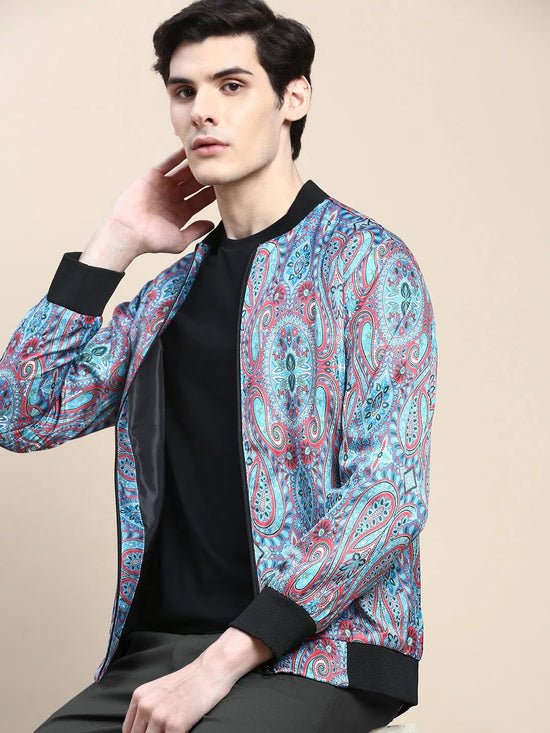 Men Blue Printed Casual Bomber Jacket-AROMATICDIGITALPRINT-2178-Blue