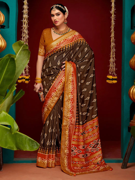 Saree Mall Women's Tussar  Brown Printed Designer Saree With Blouse Piece-SMBLPURI1004