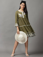 Women's Green Solid Fit and Flare Dress-GW-3214-Olive