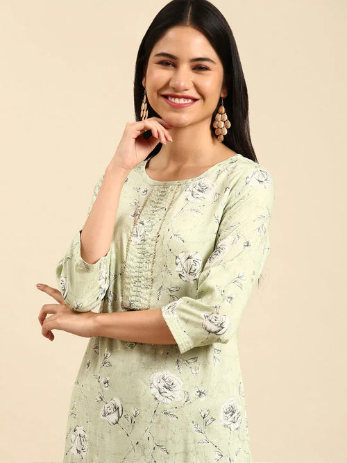 Women's Green Printed Straight Kurta-HO-1919-Green