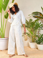 Women White Ditsy Floral Wrap Top With Palazzo Pants