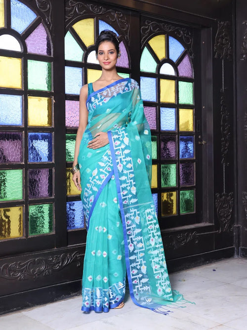 Sea Green Muslin Saree With Jamdani Designs-MA64MS401190017