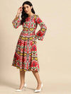 Midi Dress with bell sleeve in Red and Cream Ikkat Print