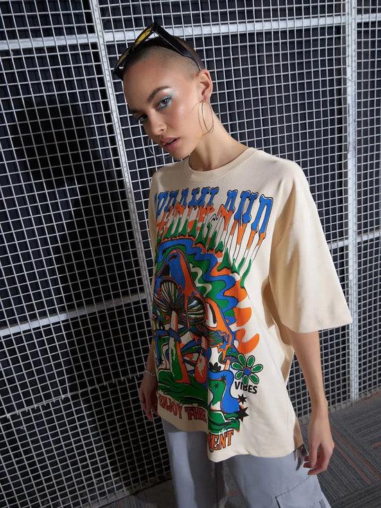 Women Beige DREAMLAND Printed Oversized T-Shirt