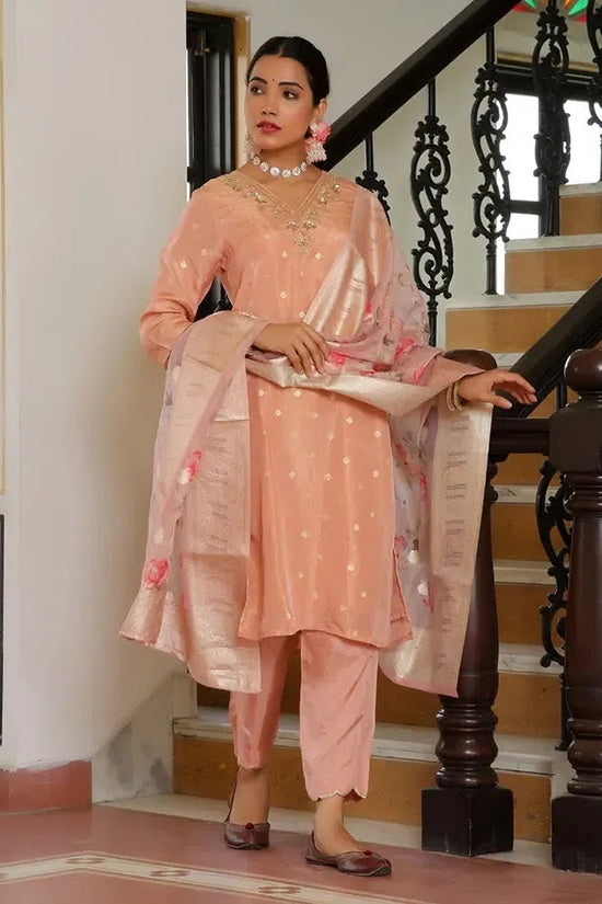 Vaasva Women Peach Tissue Brocade Embroidered Kurta With Scalloped Pant & Dupatta-129-Vaas-Peach