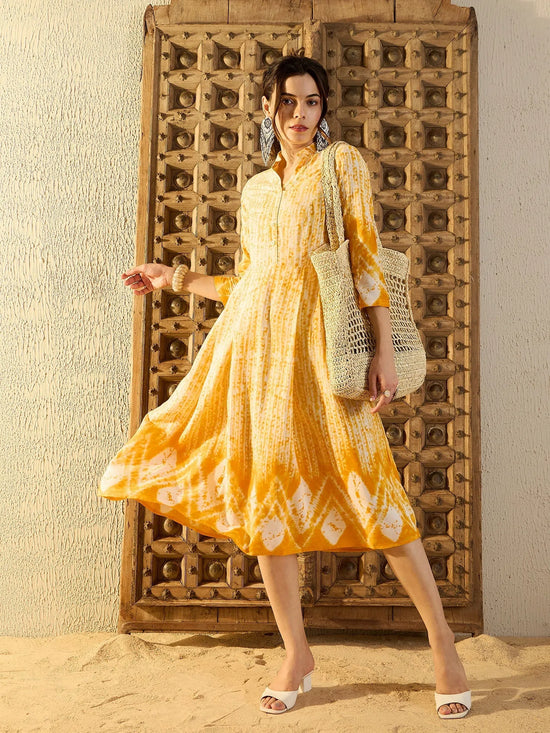 Center Box Pleat Midi Dress in Yellow Tie & Dye-TP0487TD23