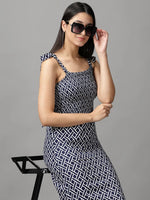 Women's Navy Blue Printed Fit and Flare Dress-AE-15682-Navyblue