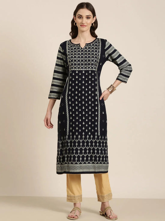 Women Navy Blue Floral Kurta Set-BC-SK-1066-Navyblue