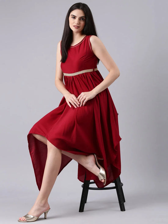 Women Maroon Solid Fit and Flare Dress-RE-SKF-207-Maroon