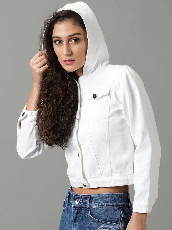 Women's White Solid Denim Jacket-AE-9511-White