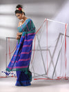 Blue And Teal Cotton Saree With Stripes Design-MA55CT06520027