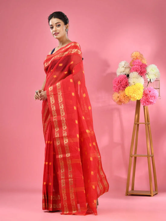 Red Pure Cotton Tant Saree With Woven Designs-MA51TT43530094