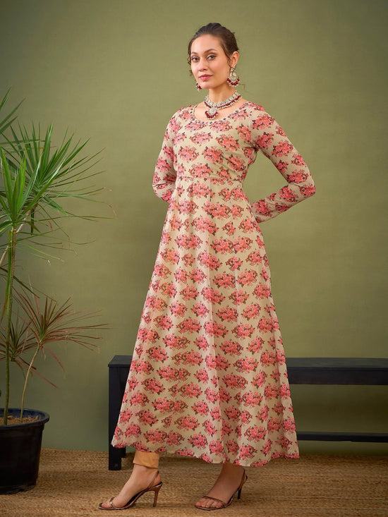 Women Beige Floral Anarkali Kurta