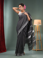 Charcoal Cotton Blend Handwoven Saree With Zari Border-MA50BCT40500134