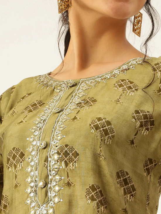 Women's Green Printed Kurta Sets-AT-A348-KP-Olive