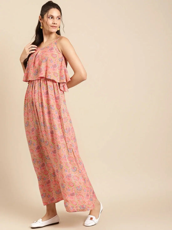 Printed Maxi with Flare yoke in Peach