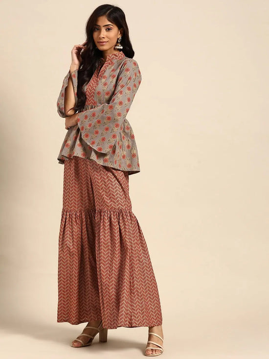 Kurti with sharara in Grey and Maroon