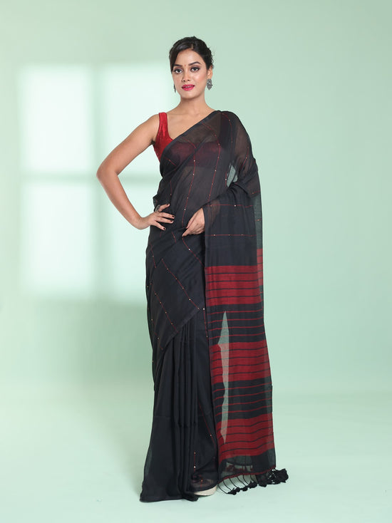 Black  Cotton Saree With Sequine Work-MA59CT06540060