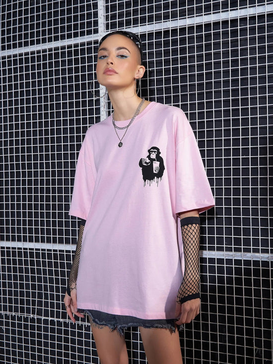 Women Pink ADDICTED Printed Oversize T-Shirt